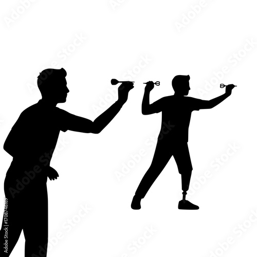 Dynamic silhouettes of two men playing darts, one with a prosthetic leg, showcasing skill and determination in a sports context
