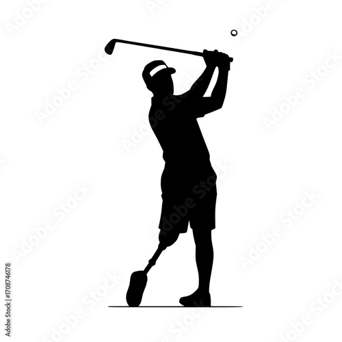 Determined amputee golfer swings powerfully, capturing the spirit of adaptive sports and athletic achievement on the green.