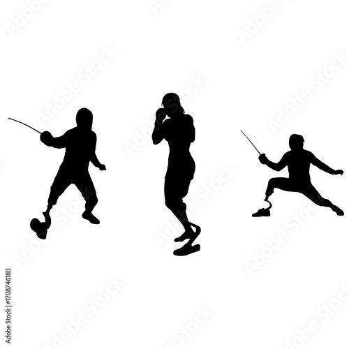 Dynamic fencers with prosthetic limbs in action showcasing strength and agility, perfect for sports and inclusion campaigns