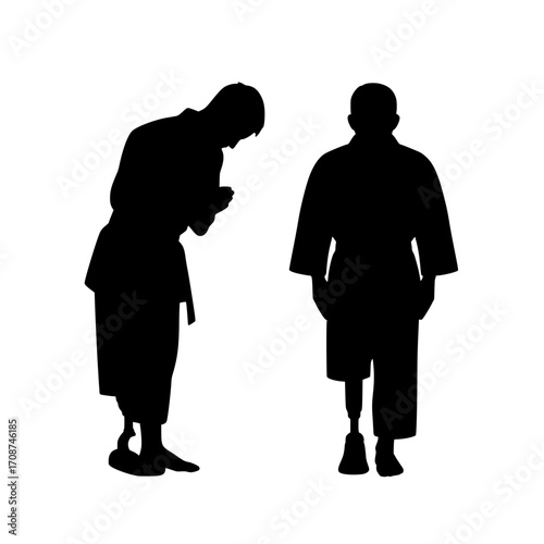 Two martial artists in silhouette bow to each other, one with a prosthetic leg, showing respect and determination