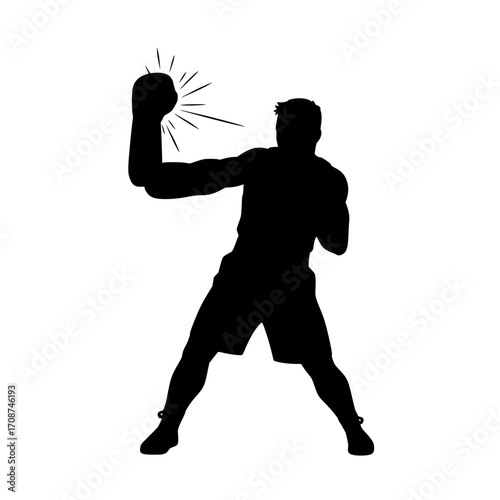 Dynamic boxer silhouette throwing a powerful punch with radiating energy, showcasing strength and determination
