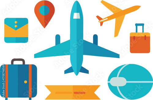Vector illustration airplane and travel icons pack scalable eps graphic for global journeys