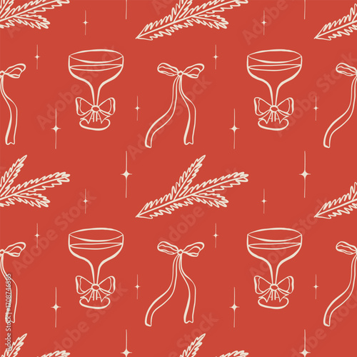 Coquette core Christmas and New Year seamless festive pattern. Hand drawn line contour Margarita cocktail glass and ribbon bow on red background. Whimsical print.