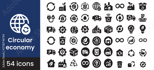 Circular economy icon set for a sustainable and green business. This collection includes symbols to recycle and reuse, promoting an eco-friendly environment and overall sustainability. Solid glyph 
