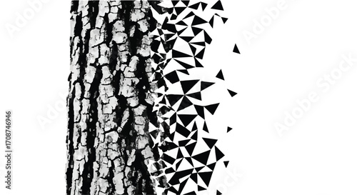 Tree bark disintegrating into geometric shapes, symbolizing decay and transformation