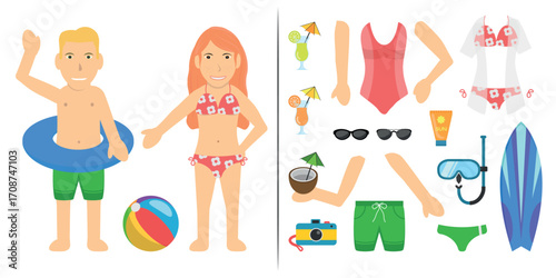 Couple Swimsuit Bather Character. Blond White Man Wearing a Green Shorts and Redhead White Woman Wearing a Red Bikini. Customization Items Included.