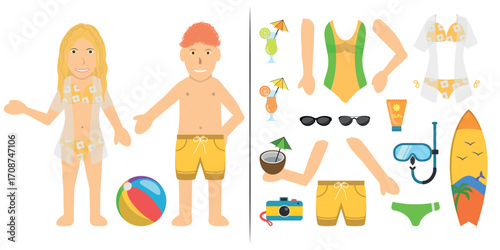 Couple Swimsuit Bather Character. Blond White Woman Wearing a Yellow Bikini and Redhead White Man Wearing a Yellow Shorts. Customization Items Included.
