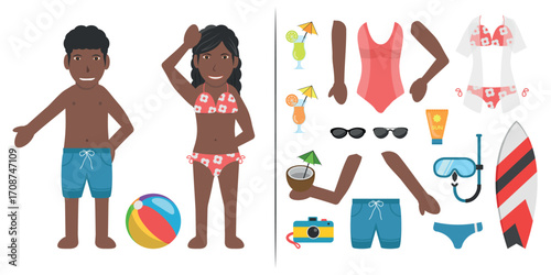 Black Couple Swimsuit Bather Character. Man Wearing a Blue Shorts and Woman Wearing a Red Bikini. Customization Items Included.