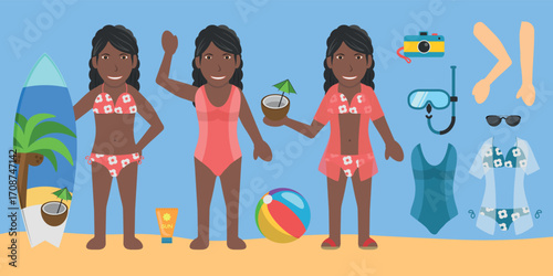 Female Swimsuit Bather Character. Black Hair, Black Skin, Wearing a Red Bikini or Swimsuit. Customization Items Included.
