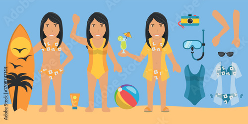 Female Swimsuit Bather Character. Black Hair, Brown Skin, Wearing a Orange Bikini or Swimsuit. Customization Items Included.