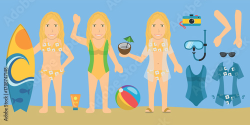 Female Swimsuit Bather Character. Blonde Hair, White Skin, Wearing a Yellow Bikini or Swimsuit. Customization Items Included.
