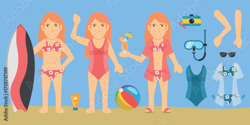 Female Swimsuit Bather Character. Red Hair, White Skin, Wearing a Red Bikini or Swimsuit. Customization Items Included.