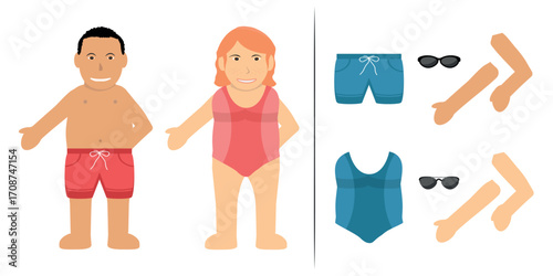 Male and Female Swimsuit, Fat Bather Character.