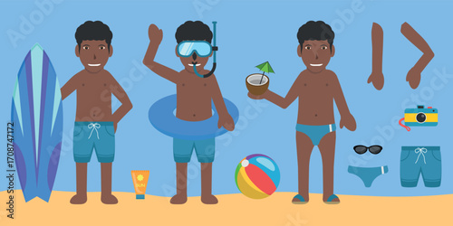 Male Swimsuit Bather Character. Black Hair, Black Skin, Wearing a Blue Shorts or Swim Trunks. Customization Items Included.