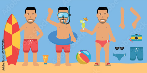 Male Swimsuit Bather Character. Black Hair, Brown Skin, Wearing a Red Shorts or Swim Trunks. Customization Items Included.