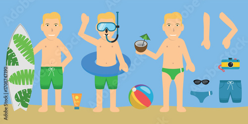 Male Swimsuit Bather Character. Blonde Hair, White Skin, Wearing a Green Shorts or Swim Trunks. Customization Items Included.
