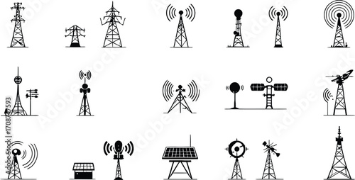 Illustration of various communication towers and transmission towers in black and white style silhouette