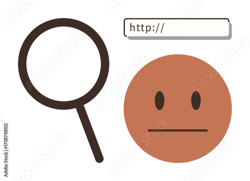 Neutral emoticon beside a magnifying glass and URL bar highlights concepts thumbs up search, internet browsing, research, problem-solving, and online exploration. Ideal for technology, UX, discovery