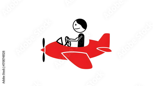 Stick figure flying a red airplane with a propeller.