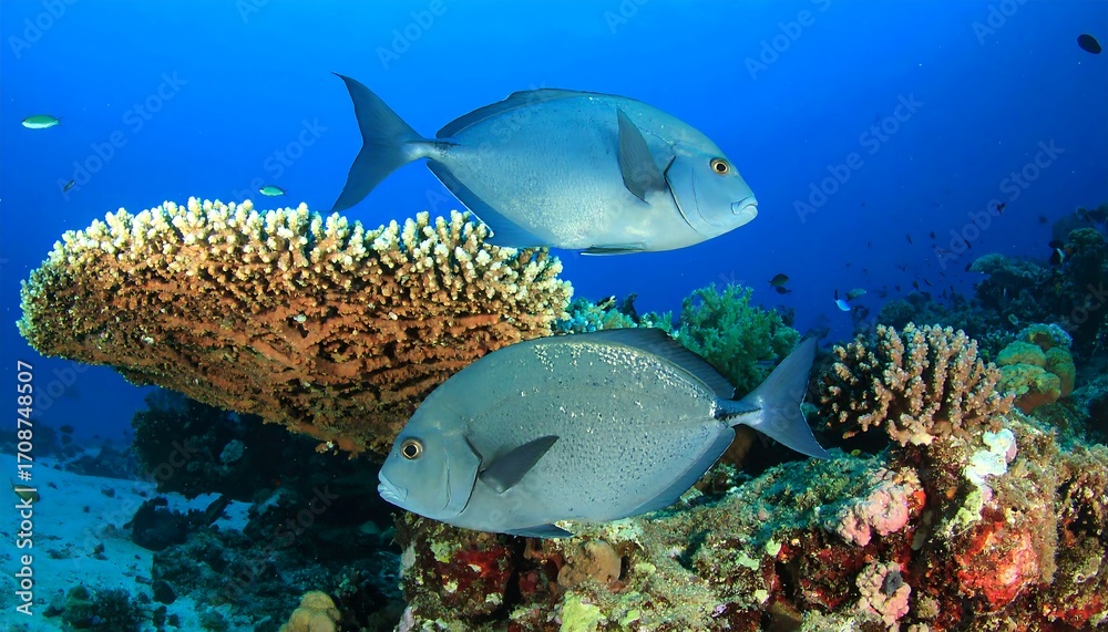 Fototapeta premium Two slate-grey fish swim near a vibrant coral reef in clear blue water
