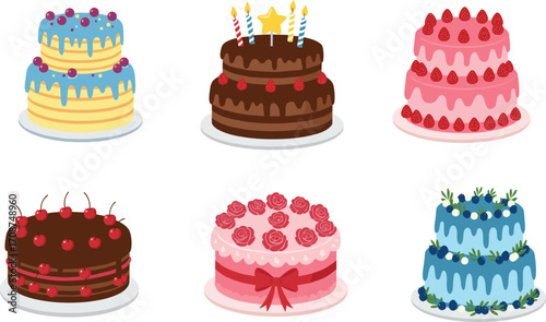 Colorful decorated birthday cakes with fruit, chocolate, cream, candles, ribbons, roses, blueberries, strawberries, celebration desserts, festive sweet bakery vector illustration