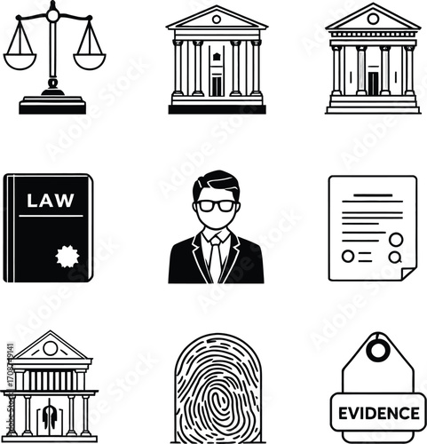 A collection of law related icons including scales, buildings, lawyer, and evidence tag icon silhouette