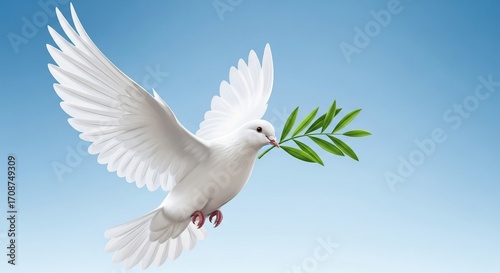 Peace dove flying with olive branch in a blue sky symbol of hope and freedom illustration design background
