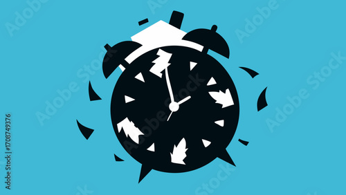 Retro vector illustration of a classic black alarm clock with a white face, ringing a bell to remind you of the morning