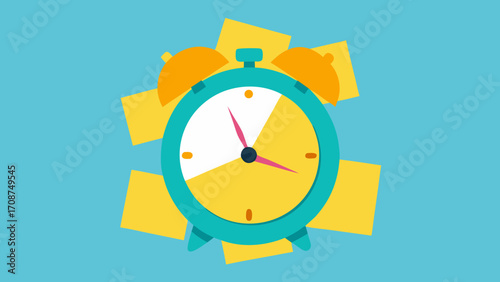 A modern business concept illustration of a clock on a wall, with a timer symbol and stopwatch dial indicating a flat deadline for a project