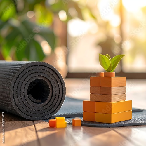 Yoga mat and wooden blocks