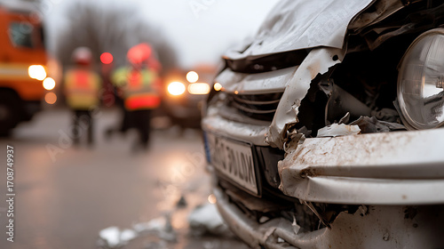 Damaged Car After Accident on Wet Road - A close-up shows a car's front, wrecked in an accident, with emergency responders in the blurred background.