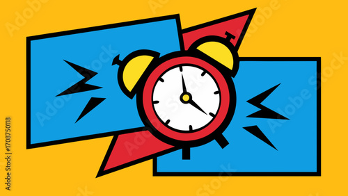 A modern alarm clock with a cartoon face and arrows shows a deadline on the dial for business and education