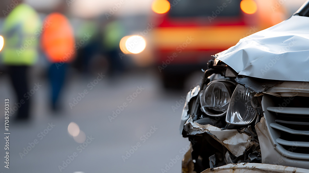 Obraz premium Damaged car after accident. Close up of broken headlight and hood. Emergency services at the scene, with blurred lights visible. Safety first!