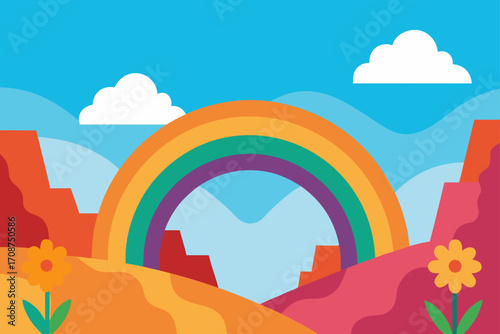 Dreamlike canyon meadow rainbow flowers artwork