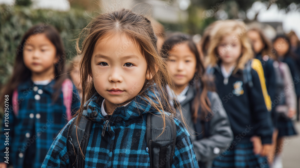 Fototapeta premium A group of diverse Asian elementary students in neat school uniforms and backpacks walk outdoors, with a girl in the foreground looking thoughtfully.