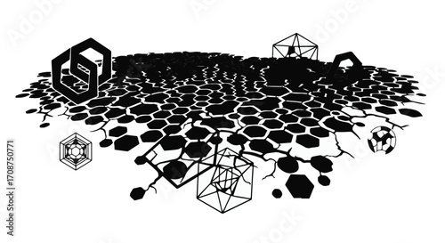 Abstract geometric molecular structure with hexagonal patterns and crystalline forms