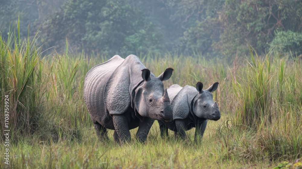 Fototapeta premium Vibrant Rhino Moment at Kaziranga National Park Witness the Magical Bond between a Mother and Baby Rhino, Ideal for Conservation Campaigns or Tranquil Projects.