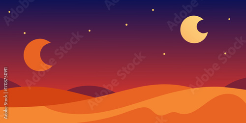 Gradient Desert Sky With Glowing Moons Vector
