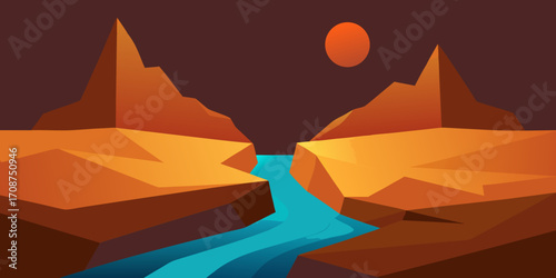 Low Poly Desert Canyon With Glowing River Vector