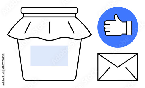 Jar with cloth lid represents preservation, thumbs up button symbolizes approval, and envelope signifies communication. Ideal for social media, email, branding, feedback, ecommerce, marketing simple