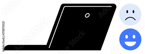 Open laptop accompanied by sad and happy emotion icons symbolizing user feedback, emotions, or sentiment analysis. Ideal for technology, feedback tools, emotions, surveys, communication, research