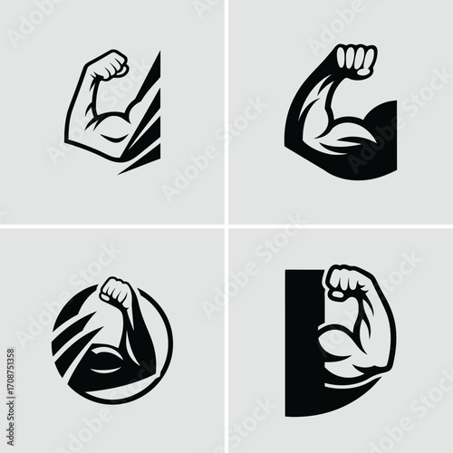 Illustration of a muscular arm flexing in a black and white style graphic art. Vector illustration