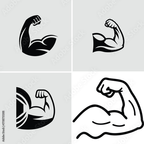 Illustration of a muscular arm flexing in a black and white style graphic art. Vector illustration