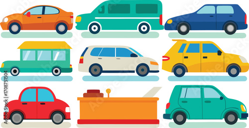Colorful collection of diverse vehicles and cars detailed vector illustration scalable for eps format