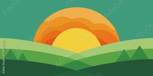 Paper Cut Sunrise Meadow with Layered Design Vector