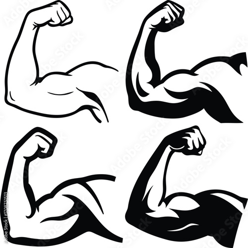Illustration of a muscular arm flexing in a black and white style graphic art. Vector illustration