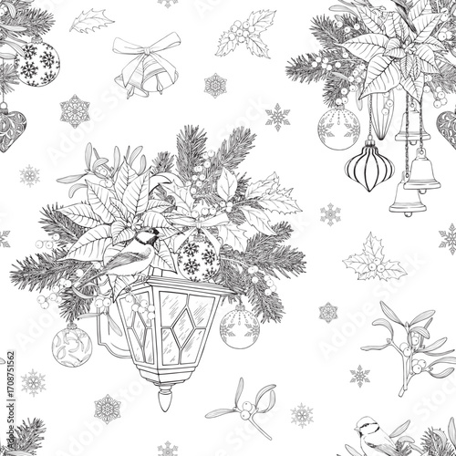 Christmas seamless pattern with lantern tit birds snowflakes balls bells fir branch holly mistletoe poinsettia. Vintage Vector background for design holidays package, decor. line Black white Hand draw