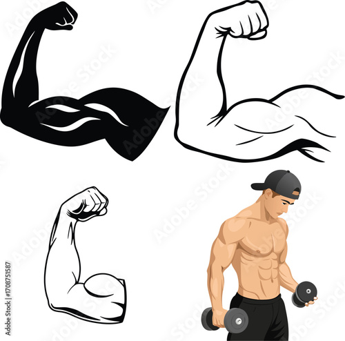 Illustration of a muscular arm flexing in a black and white style graphic art. Vector illustration