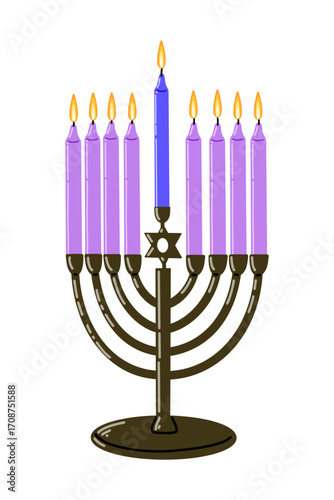 Hanukkah Menorah With Candles Isolated on White.