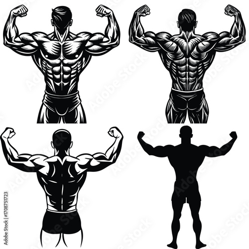 Illustration of a muscular arm flexing in a black and white style graphic art. Vector illustration